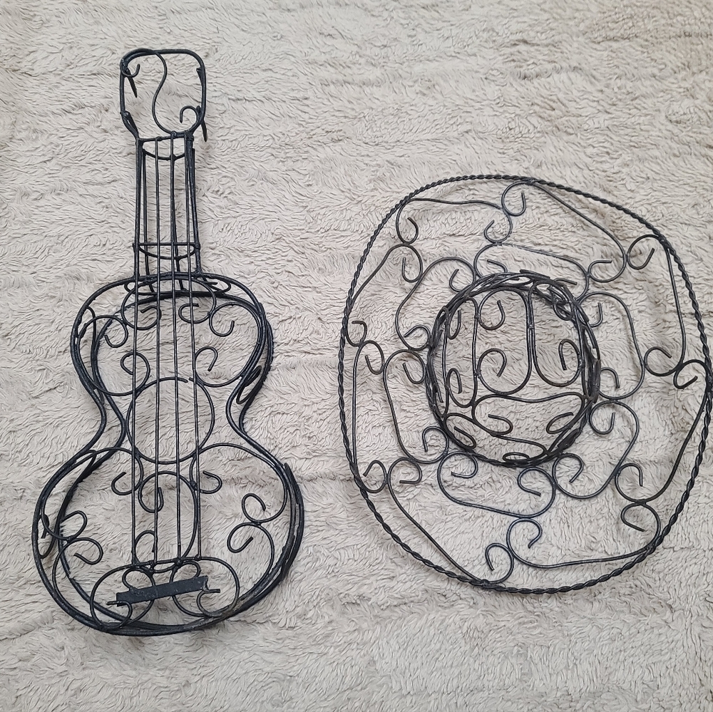 Black Decorative Wrought Iron Wire Guitar and Cowboy Hat Wall Art, Vintage